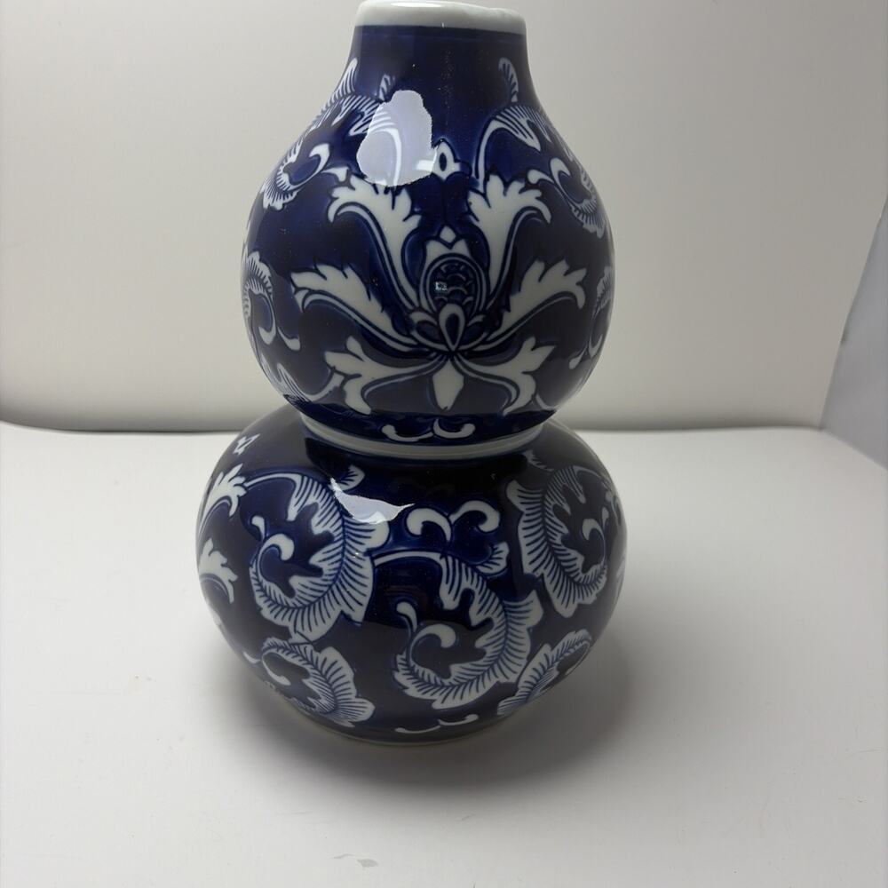 Vintage Hand-painted Porcelain Cobalt Blue & White 10" Double Gourd Shape Vase